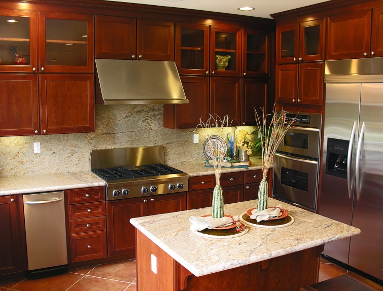 classic home kitchen with cherry wood cabinets